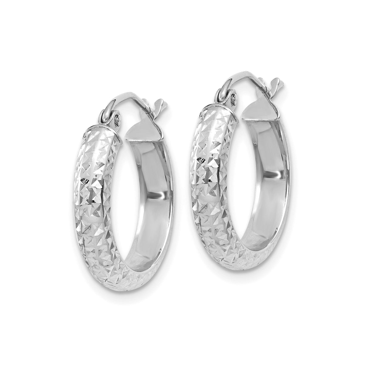 14k White Gold Hoop Earrings, Diamond Cut Textured Finish, Hinged Clasp, Lightweight Classic Style
