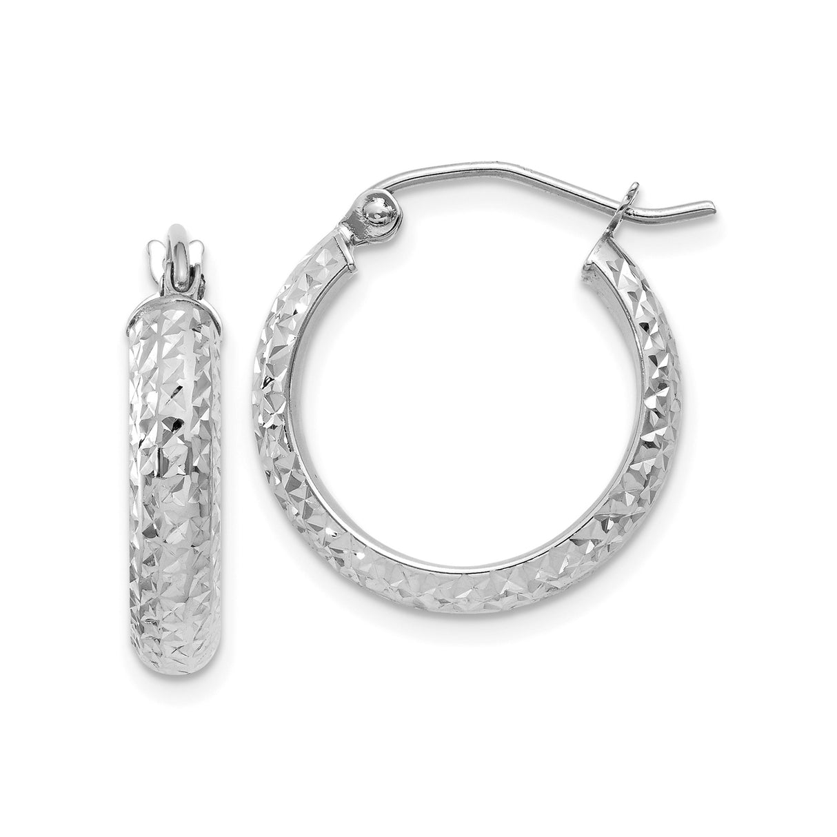 14k White Gold Hoop Earrings, Diamond Cut Textured Finish, Hinged Clasp, Lightweight Classic Style