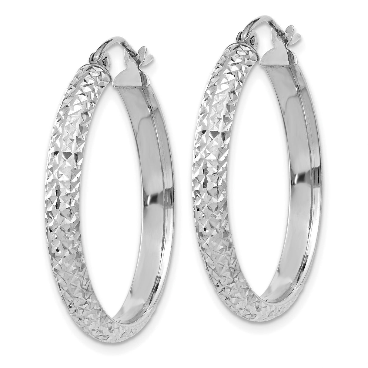 14k White Gold Hoop Earrings, Diamond-Cut Textured Finish with High Polish Detail