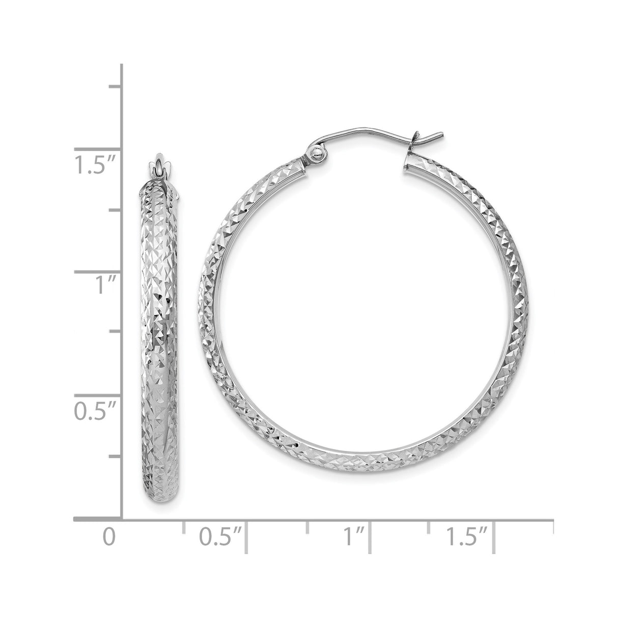 14k White Gold Hoop Earrings with Diamond Cut Textured Finish, Lightweight and Polished Design for Women