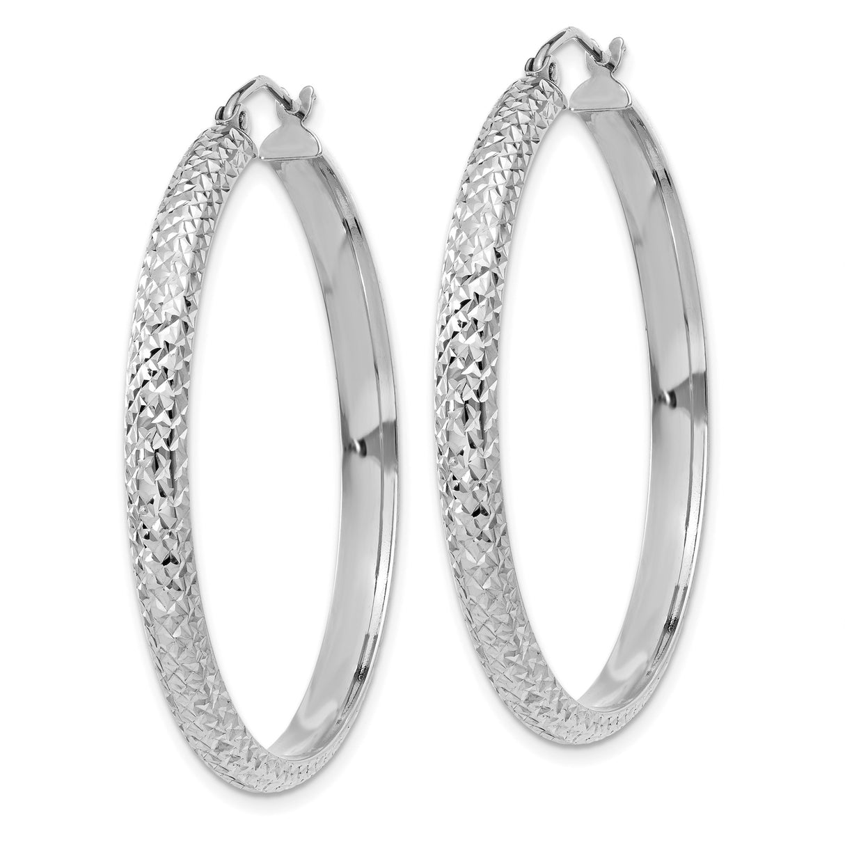 14k White Gold Hoop Earrings, Diamond Cut Textured Finish, Lightweight Classic Design