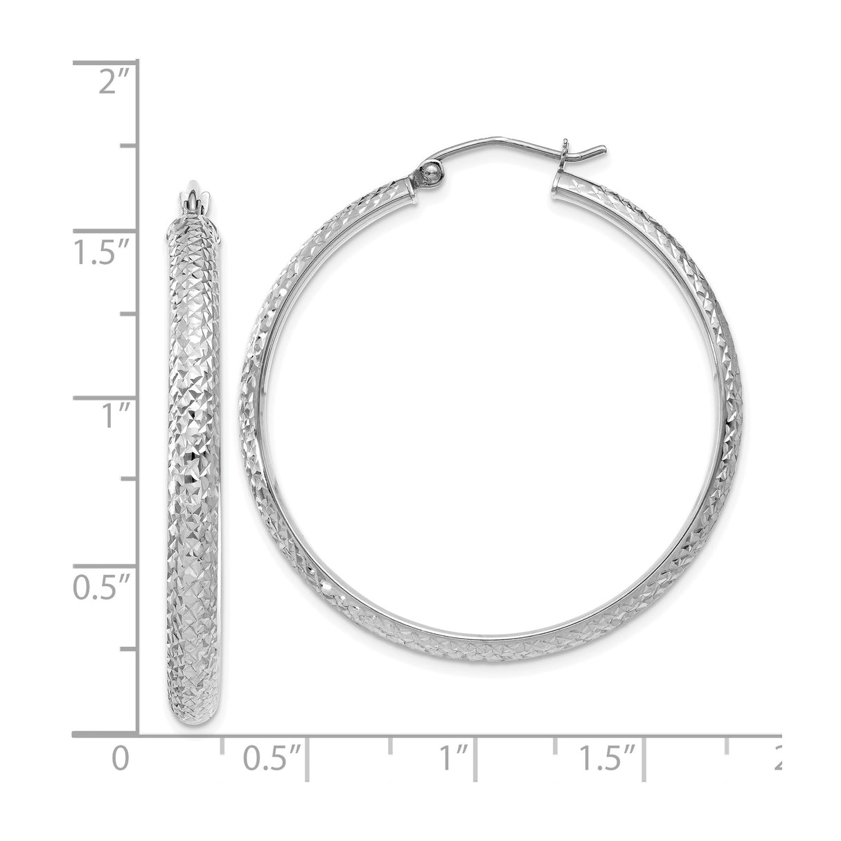 14k White Gold Hoop Earrings, Diamond Cut Textured Finish, Lightweight Classic Design