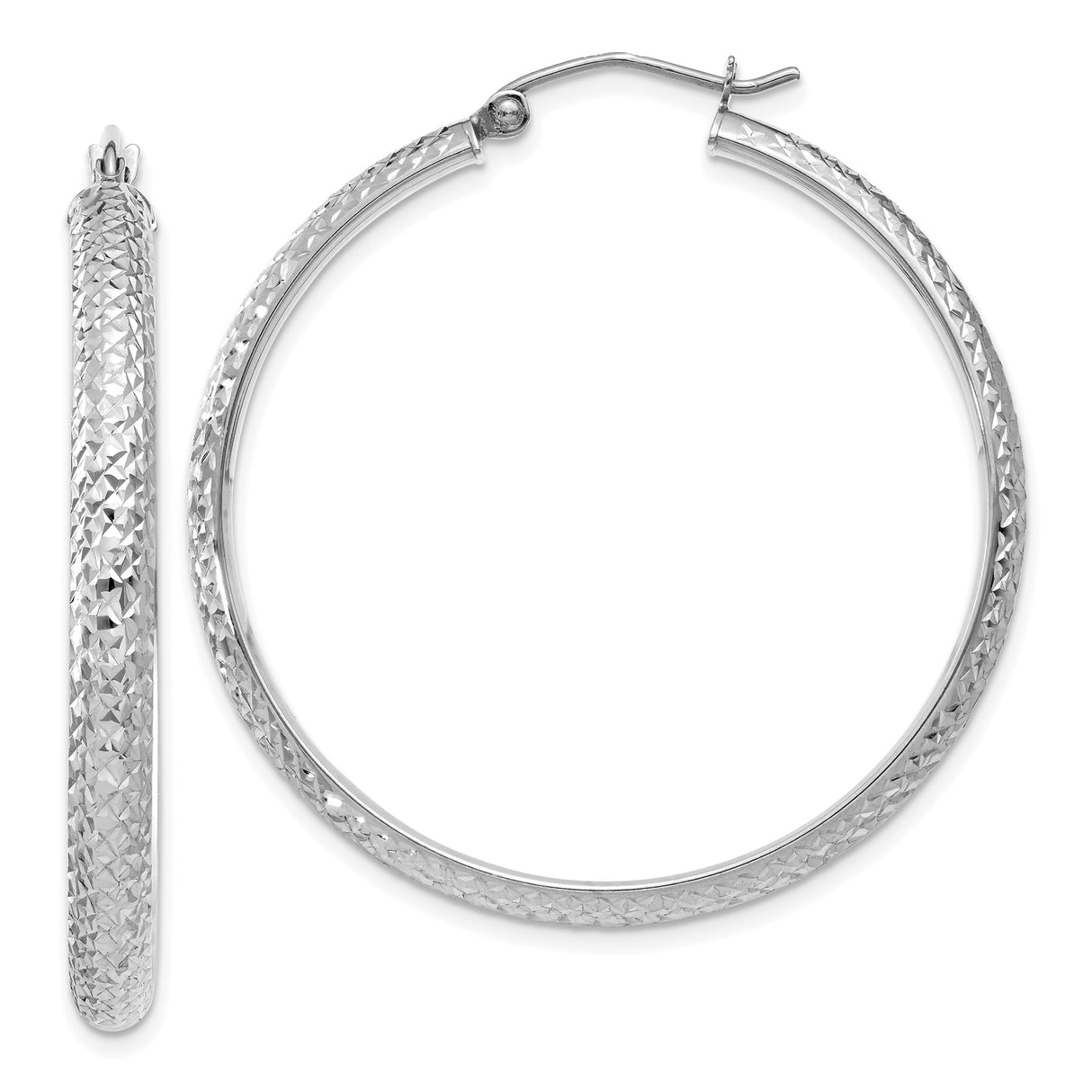14k White Gold Hoop Earrings, Diamond Cut Textured Finish, Lightweight Classic Design