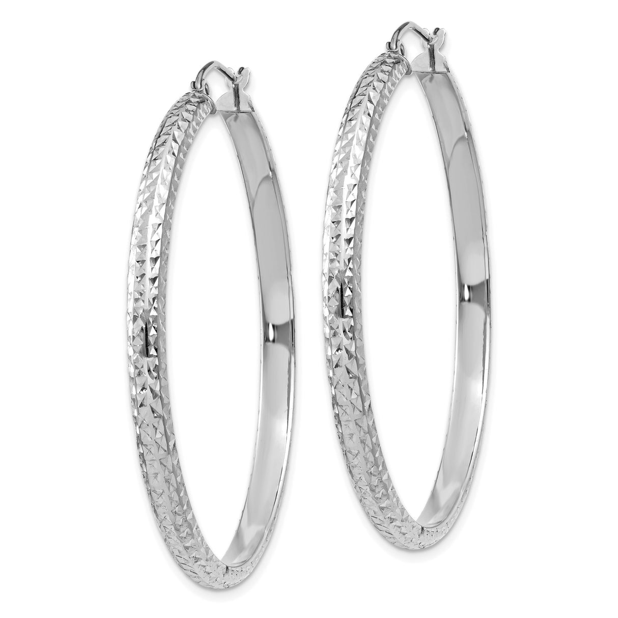 14k White Gold Hoop Earrings, Diamond Cut Textured Design, Lightweight Polished Finish