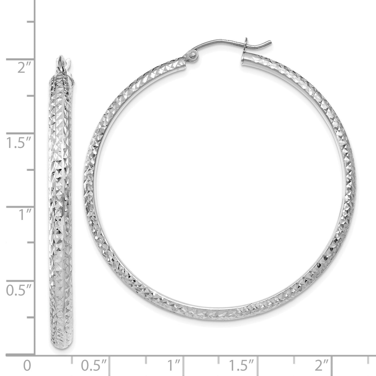 14k White Gold Hoop Earrings, Diamond Cut Textured Design, Lightweight Polished Finish