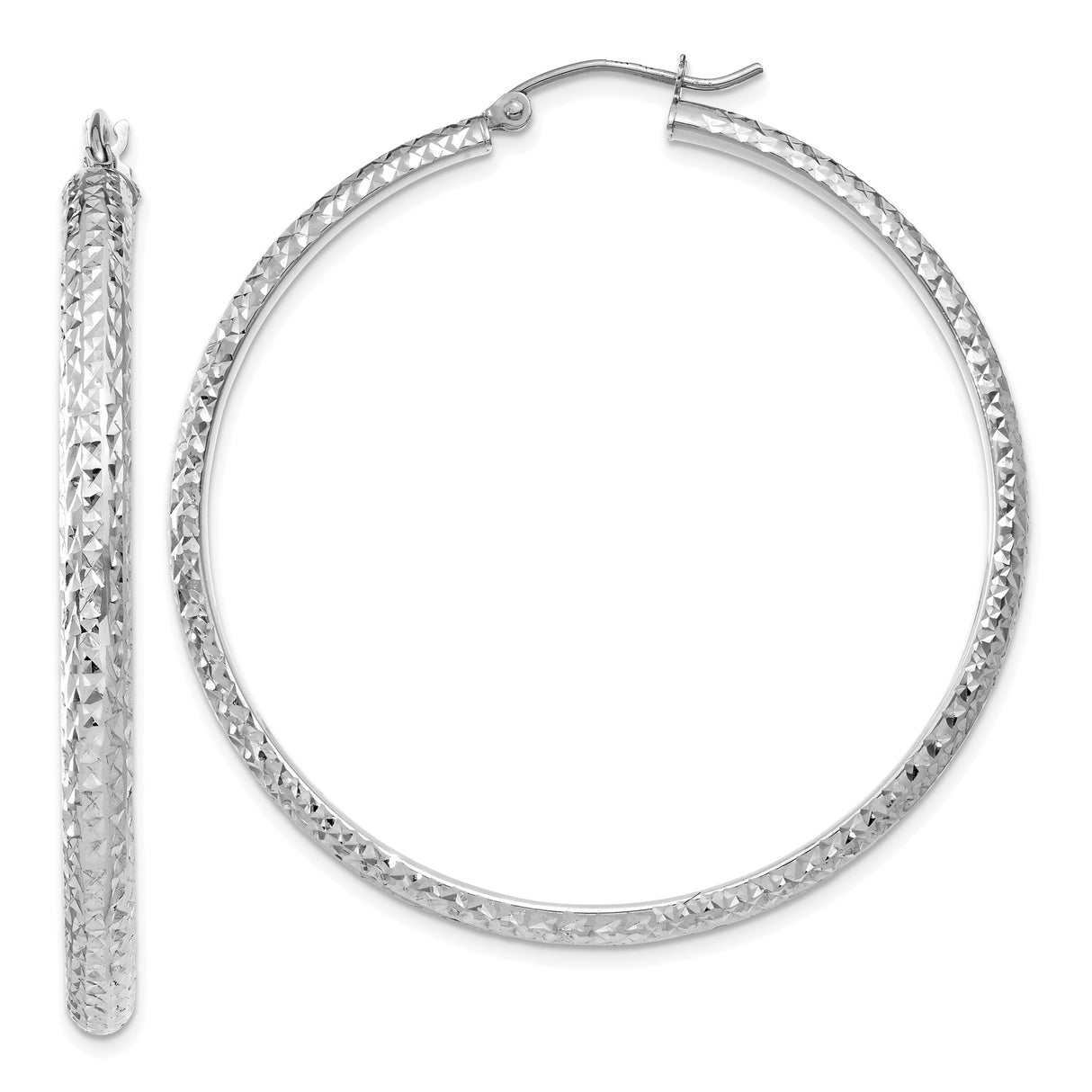 14k White Gold Hoop Earrings, Diamond Cut Textured Design, Lightweight Polished Finish