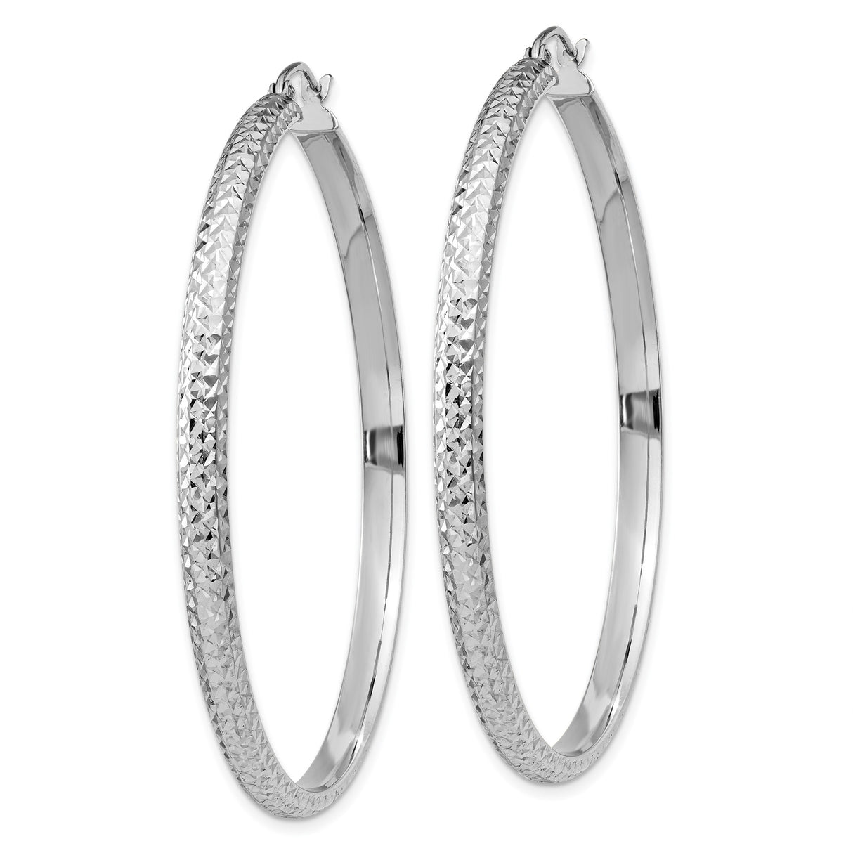 14k White Gold Hoop Earrings, Diamond Cut Textured Round Lightweight Hoops for Women