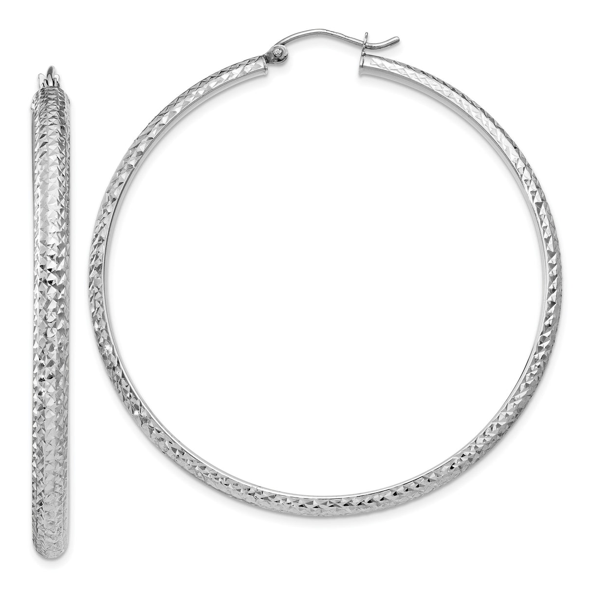 14k White Gold Hoop Earrings, Diamond Cut Textured Round Lightweight Hoops for Women