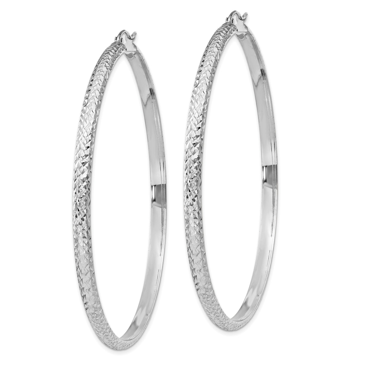 14k White Gold Hoop Earrings, Large Diamond Cut Textured Finish, Lightweight Jewelry