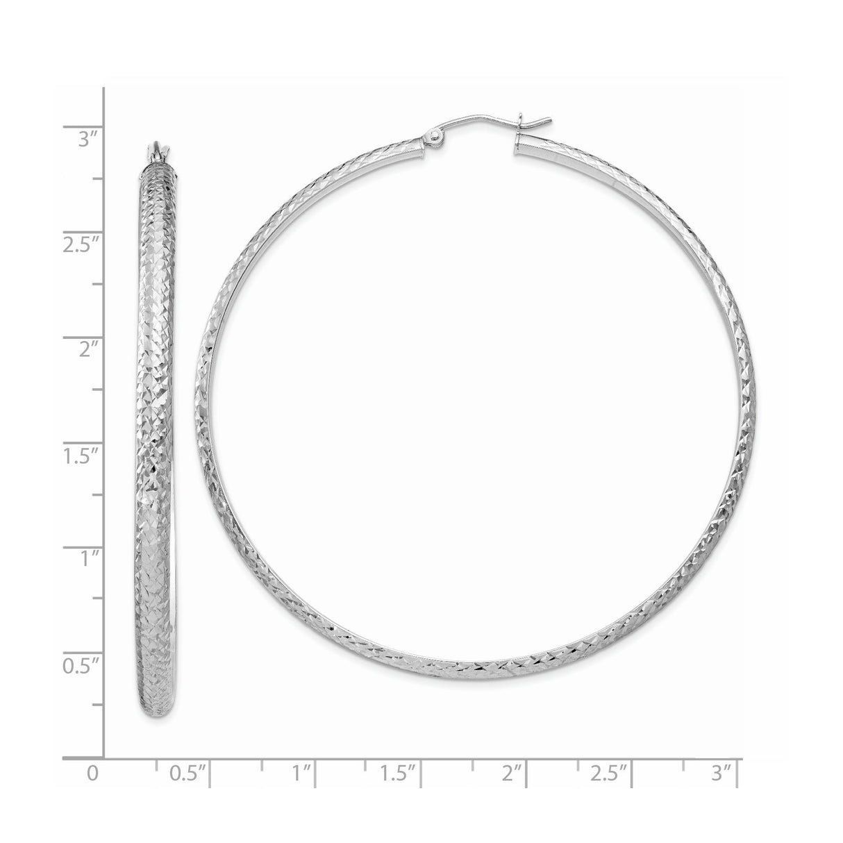 14k White Gold Hoop Earrings, Large Diamond Cut Textured Finish, Lightweight Jewelry