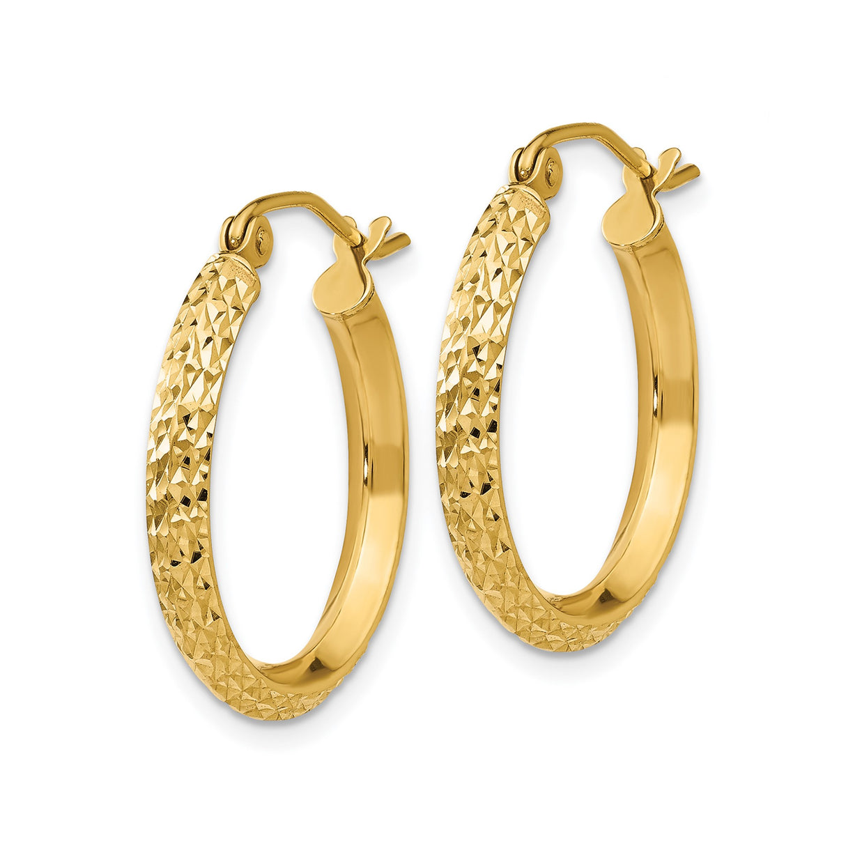 14k Yellow Gold Hoop Earrings, Medium Size with Diamond Cut Textured Finish, Classic Style for Women