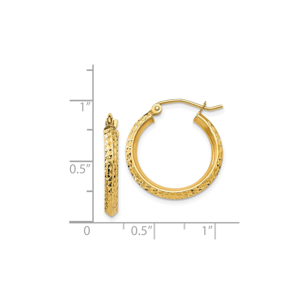 14k Yellow Gold Hoop Earrings, Medium Size with Diamond Cut Textured Finish, Classic Style for Women