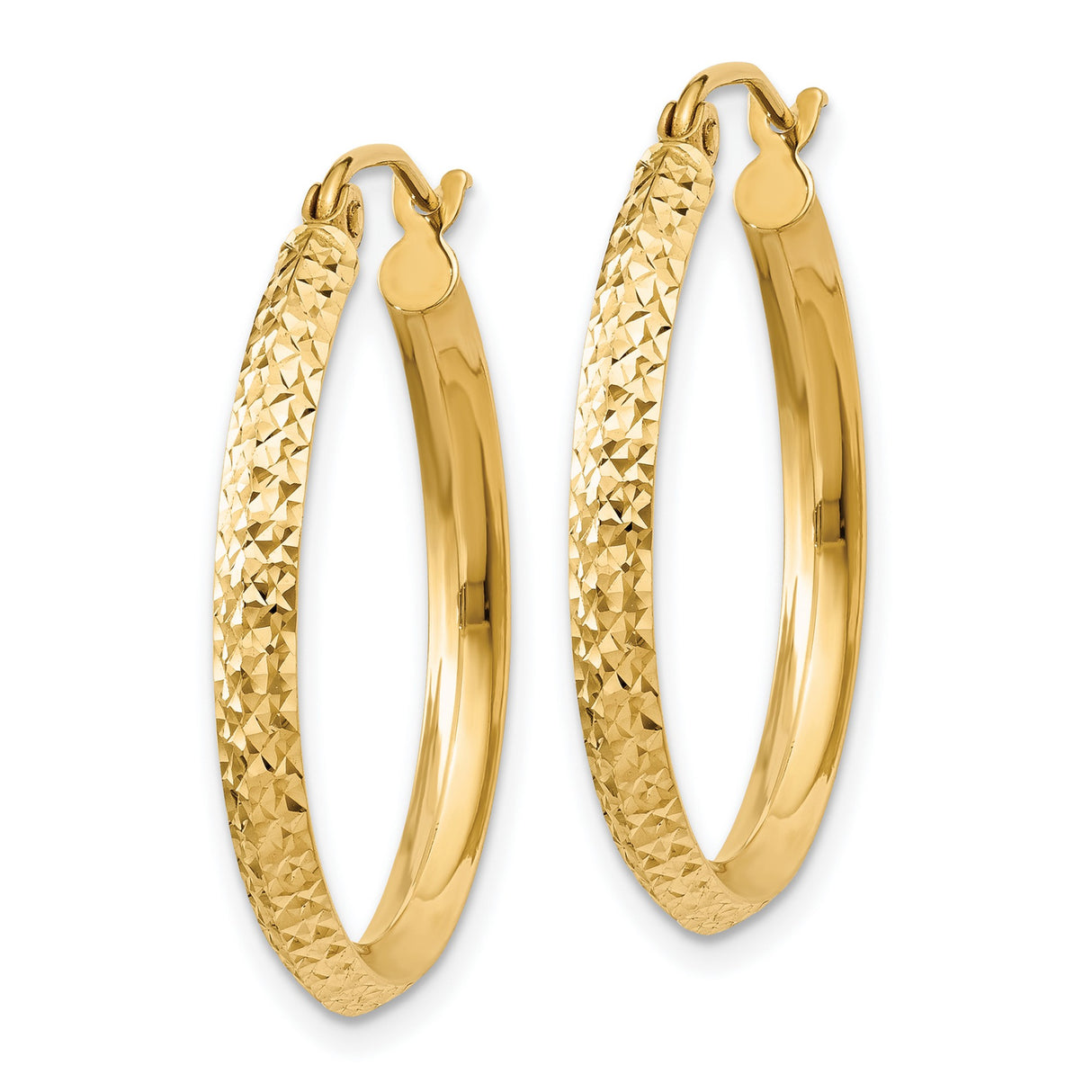 14k Yellow Gold Hoop Earrings, Diamond Cut Textured Finish, Lightweight Polished Jewelry for Women