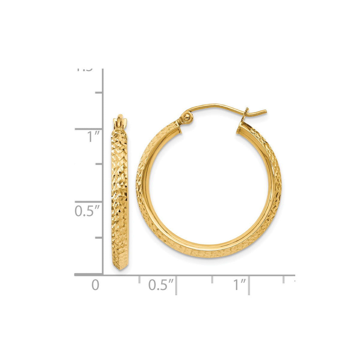 14k Yellow Gold Hoop Earrings, Diamond Cut Textured Finish, Lightweight Polished Jewelry for Women
