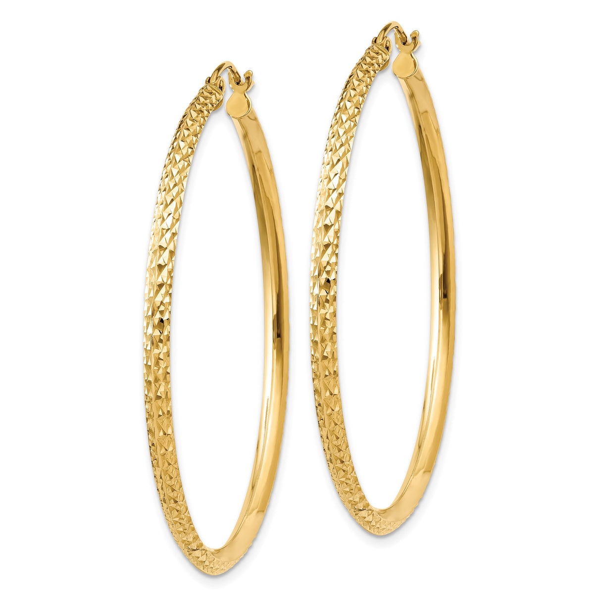 14k Yellow Gold Hoop Earrings, Textured Diamond Cut Lightweight Classic Design for Women
