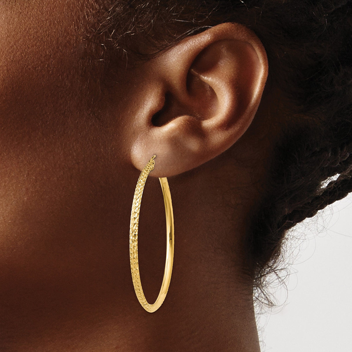 14k Yellow Gold Hoop Earrings, Textured Diamond Cut Lightweight Classic Design for Women