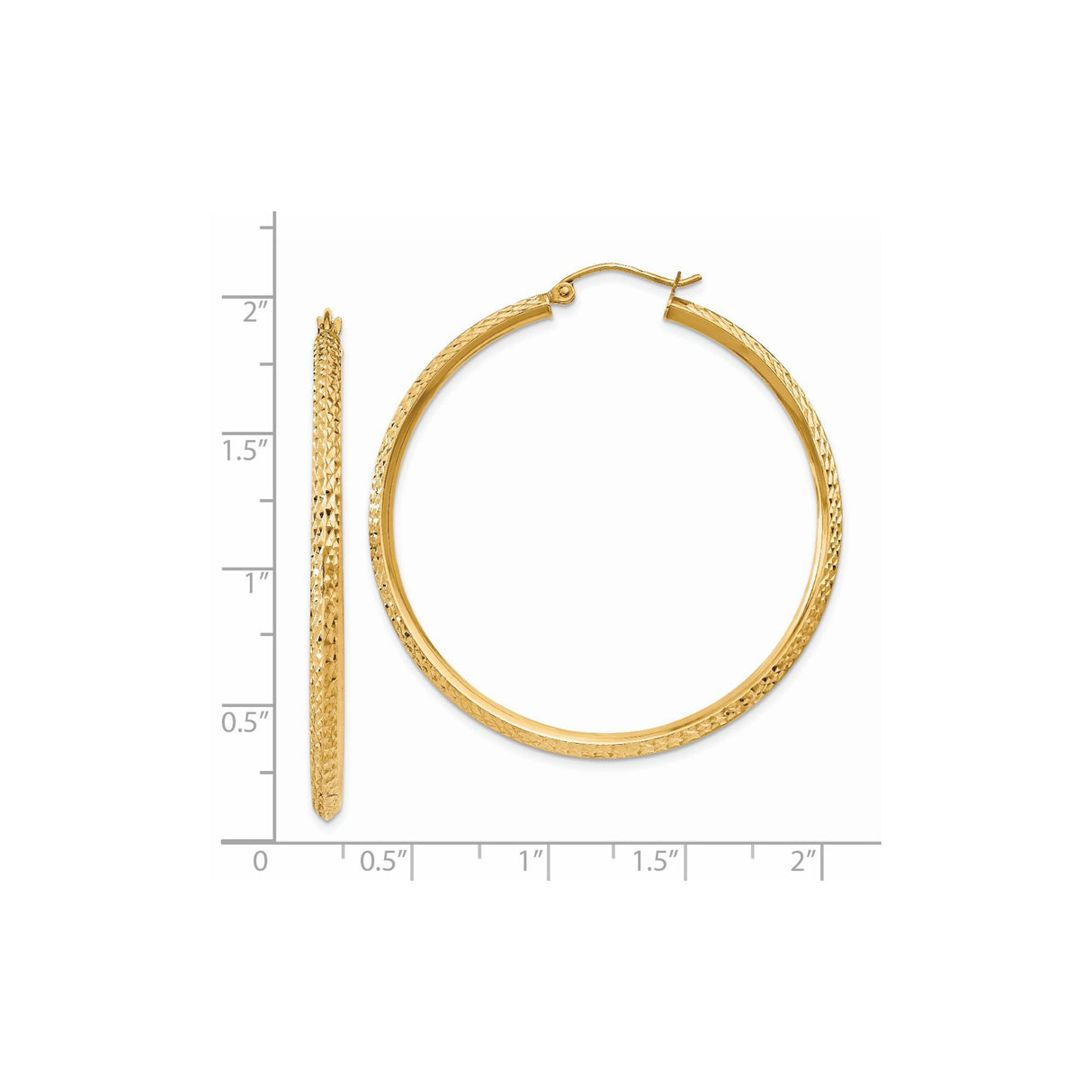 14k Yellow Gold Hoop Earrings, Textured Diamond Cut Lightweight Classic Design for Women