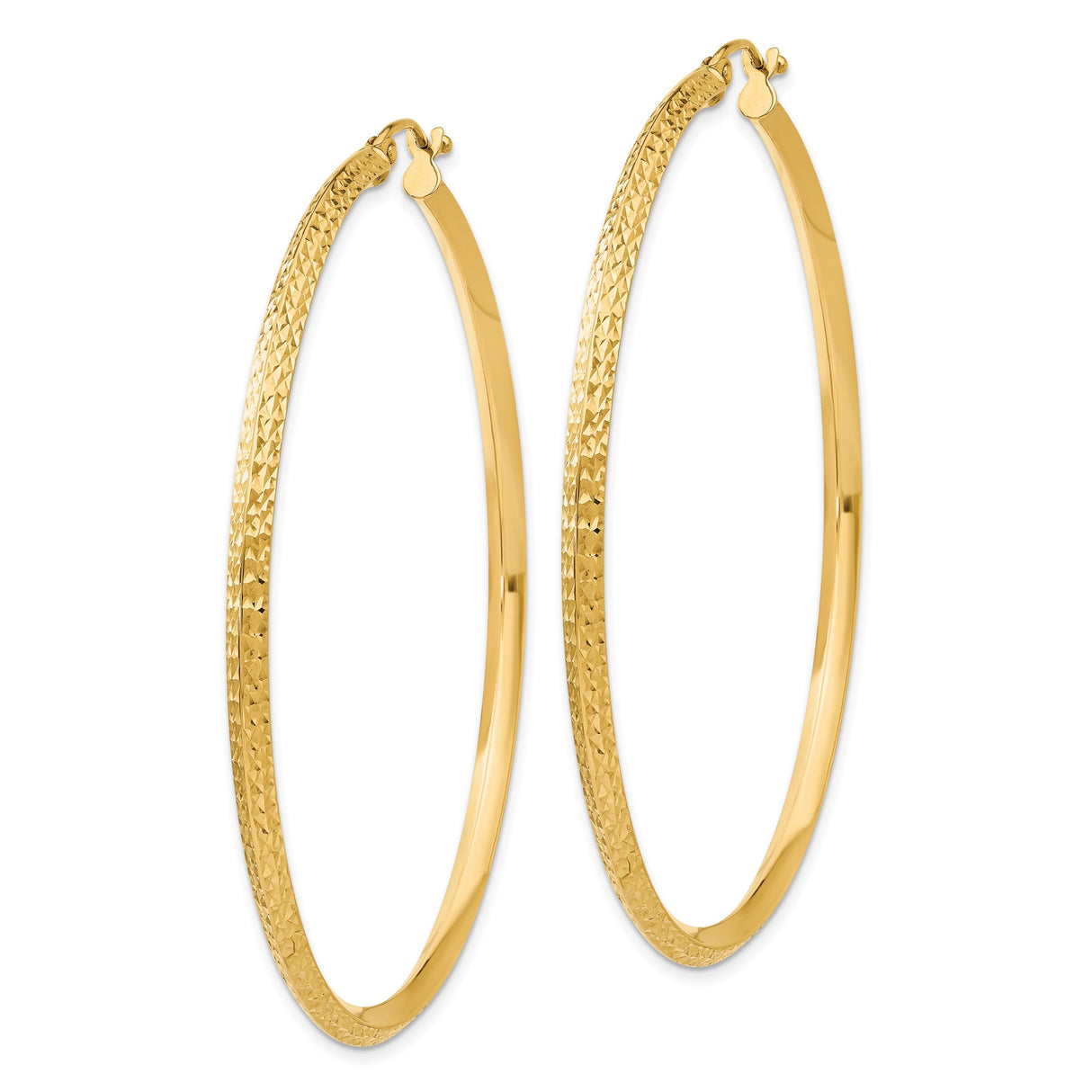14k Yellow Gold Hoop Earrings, Large Lightweight Textured Diamond Cut Design for Women