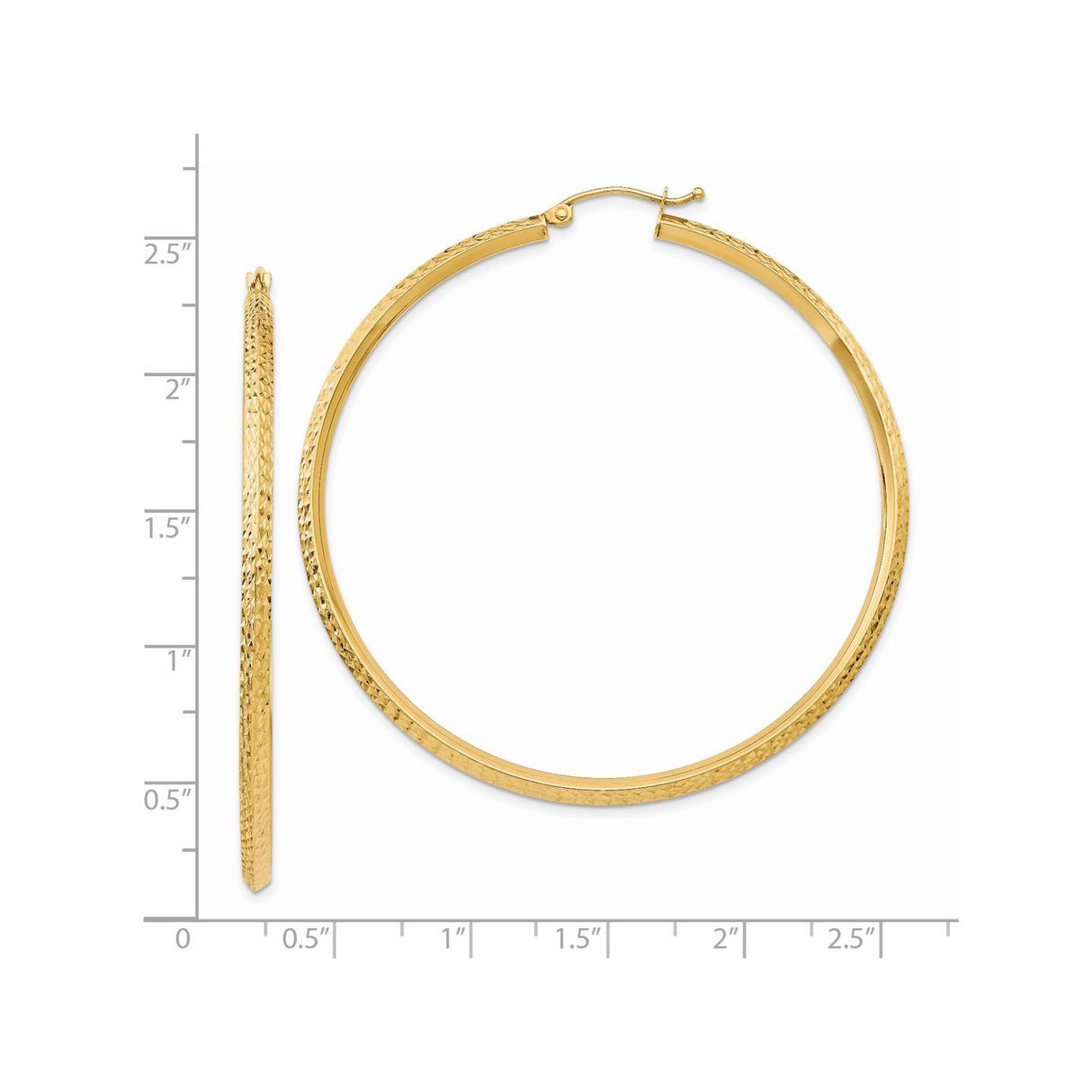 14k Yellow Gold Hoop Earrings, Large Lightweight Textured Diamond Cut Design for Women