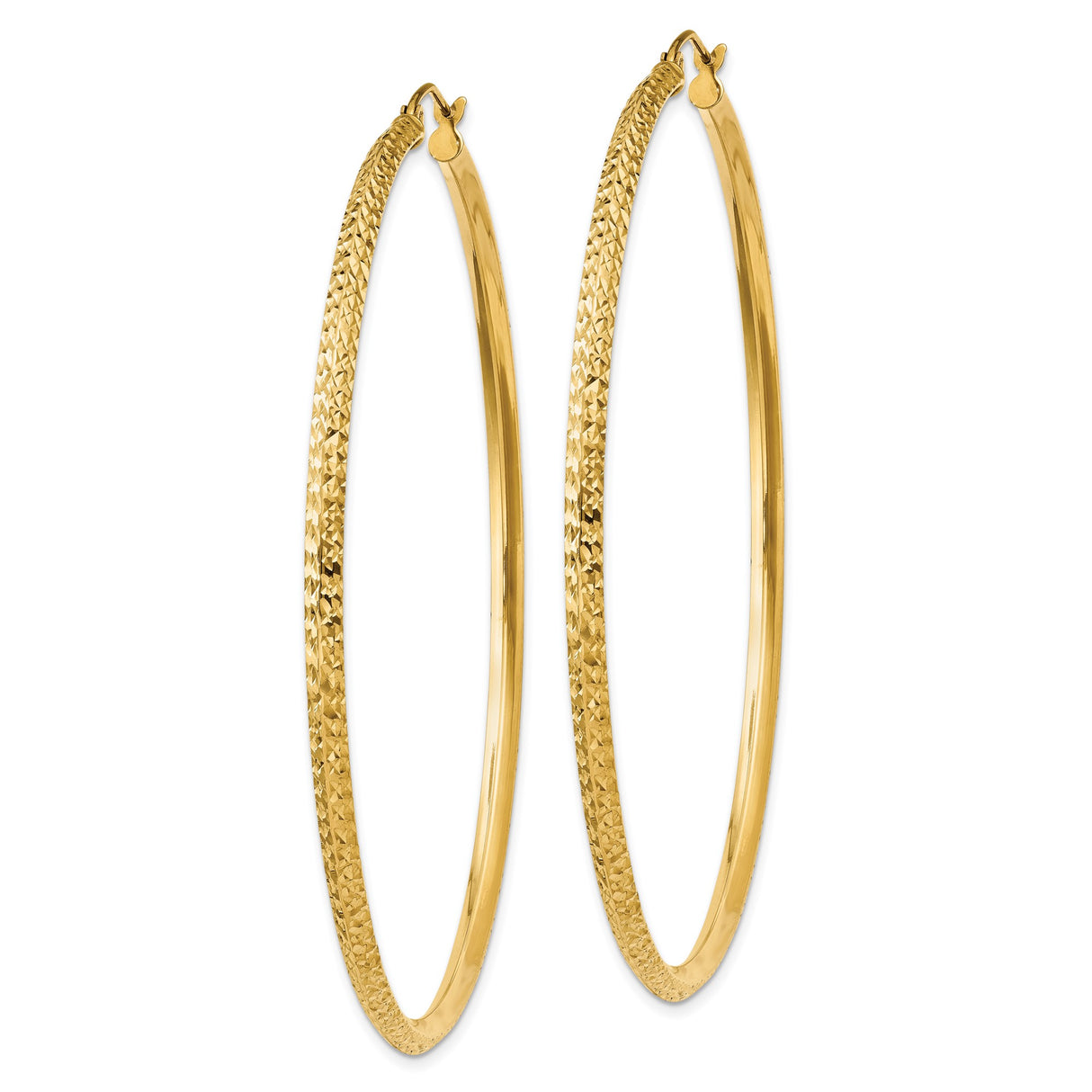 14k Yellow Gold Hoop Earrings, Diamond Cut Textured Design, Polished Finish, Lightweight Fashion Jewelry