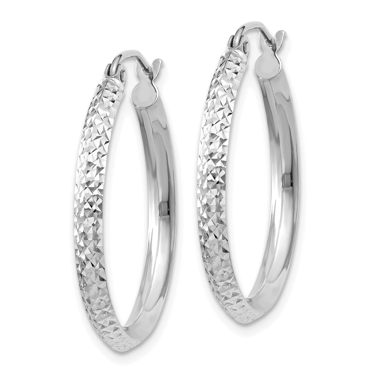 14k White Gold Hoop Earrings, Diamond Cut Textured Design, Lightweight Modern Style