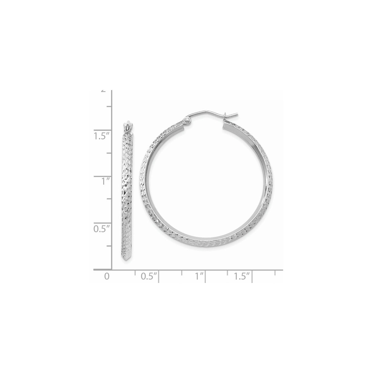 14k White Gold Hoop Earrings, Diamond Cut Textured Round Hoops with Hinged Closure
