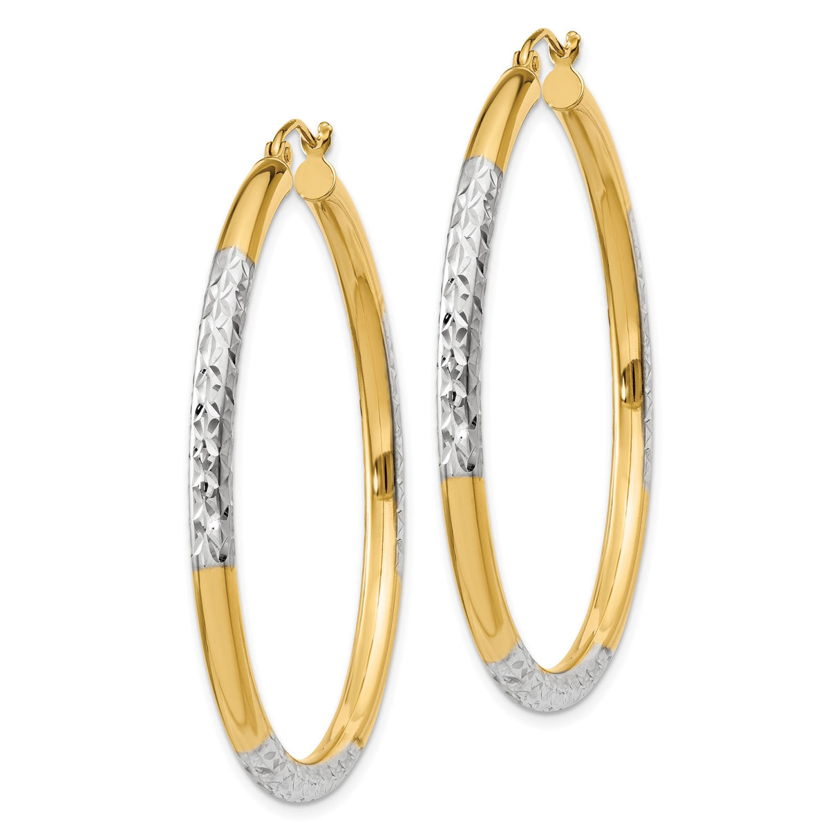14k Yellow Gold Hoop Earrings, Two-Tone Diamond Cut with Textured Finish for Women