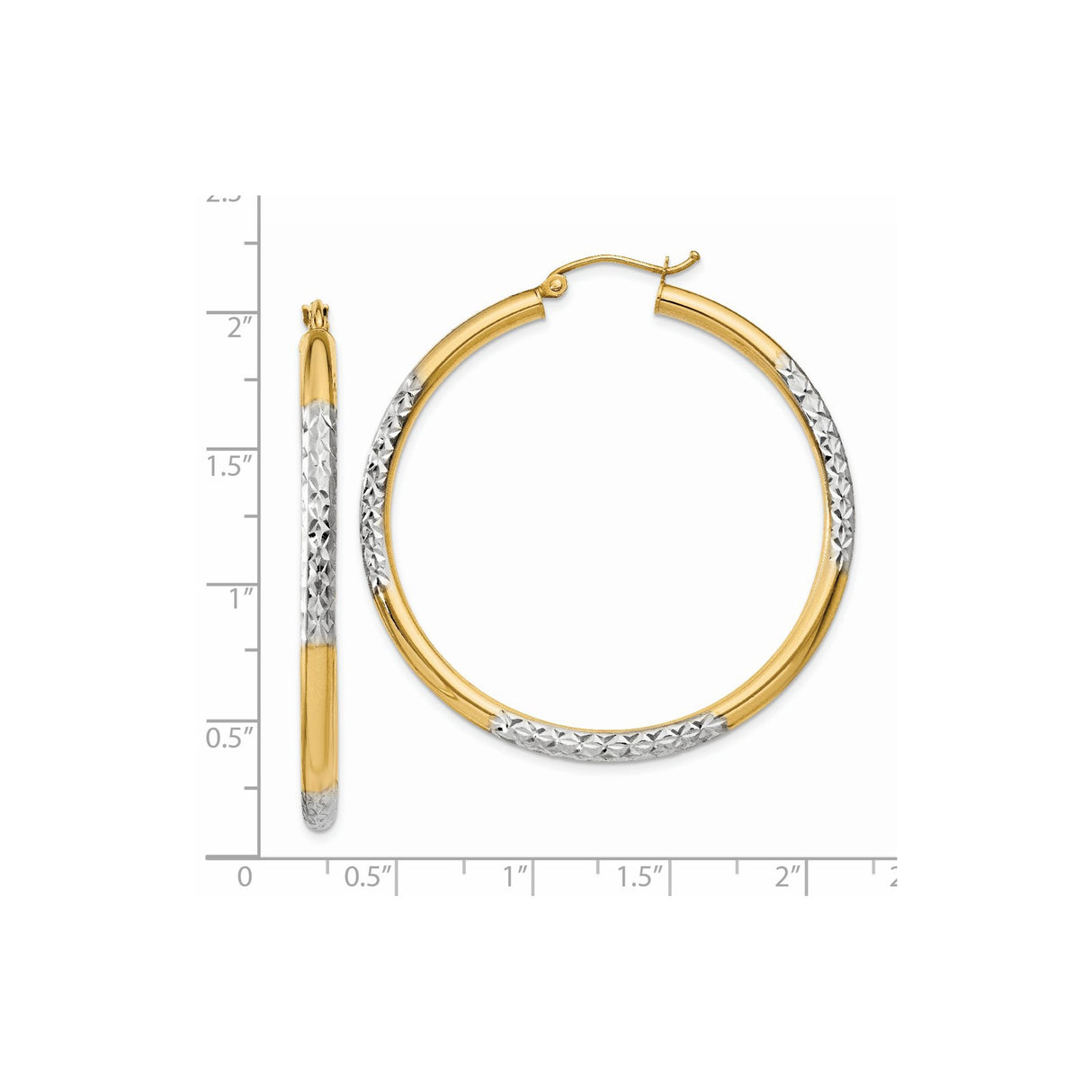 14k Yellow Gold Hoop Earrings, Two-Tone Diamond Cut with Textured Finish for Women