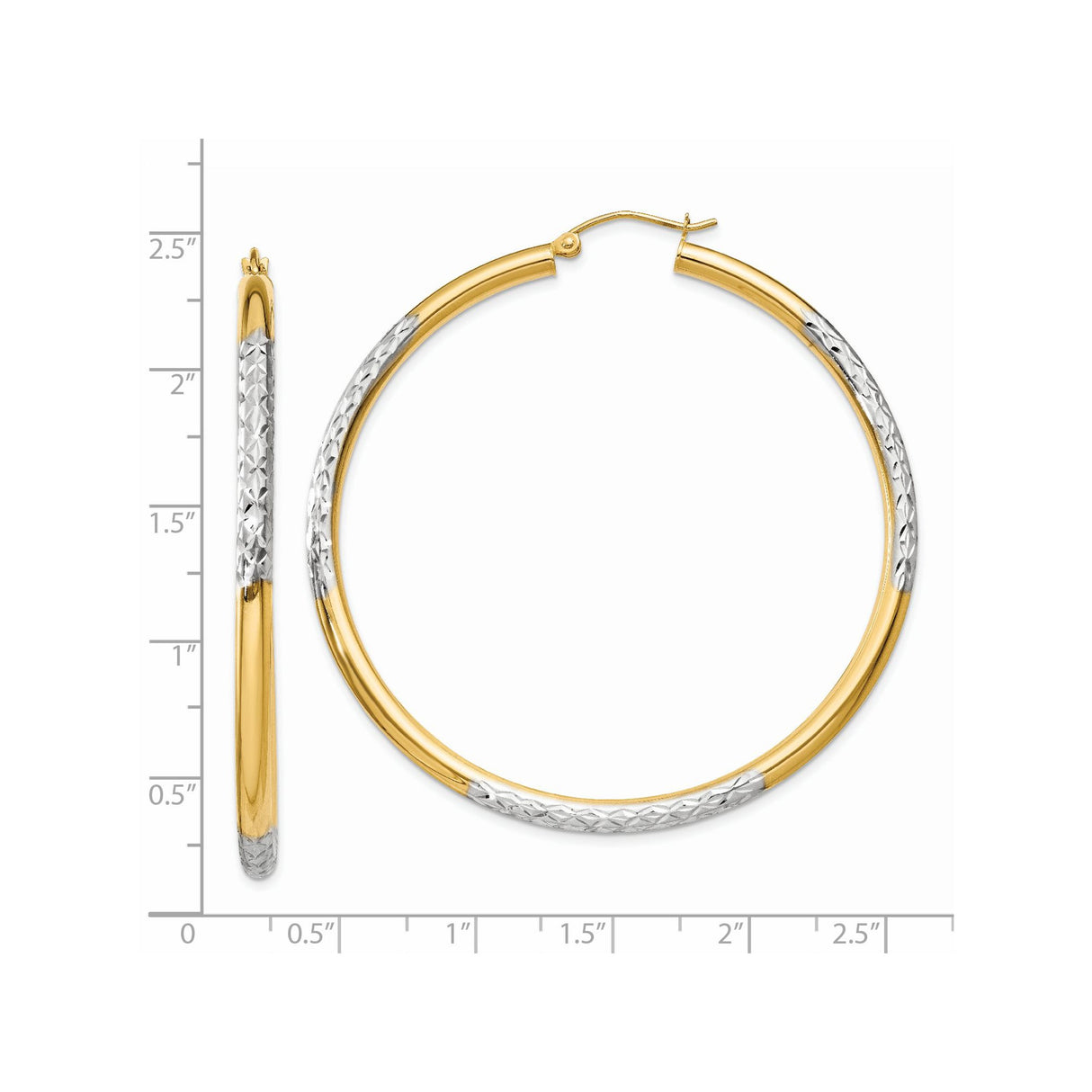 14k Yellow Gold Hoop Earrings, Two-Tone Diamond-Cut Rhodium Textured Finish for Women
