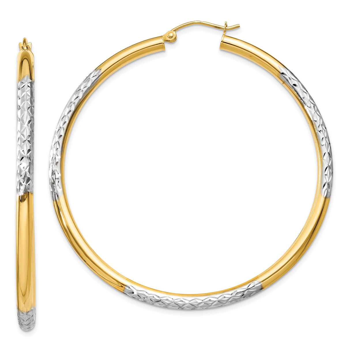 14k Yellow Gold Hoop Earrings, Two-Tone Diamond-Cut Rhodium Textured Finish for Women