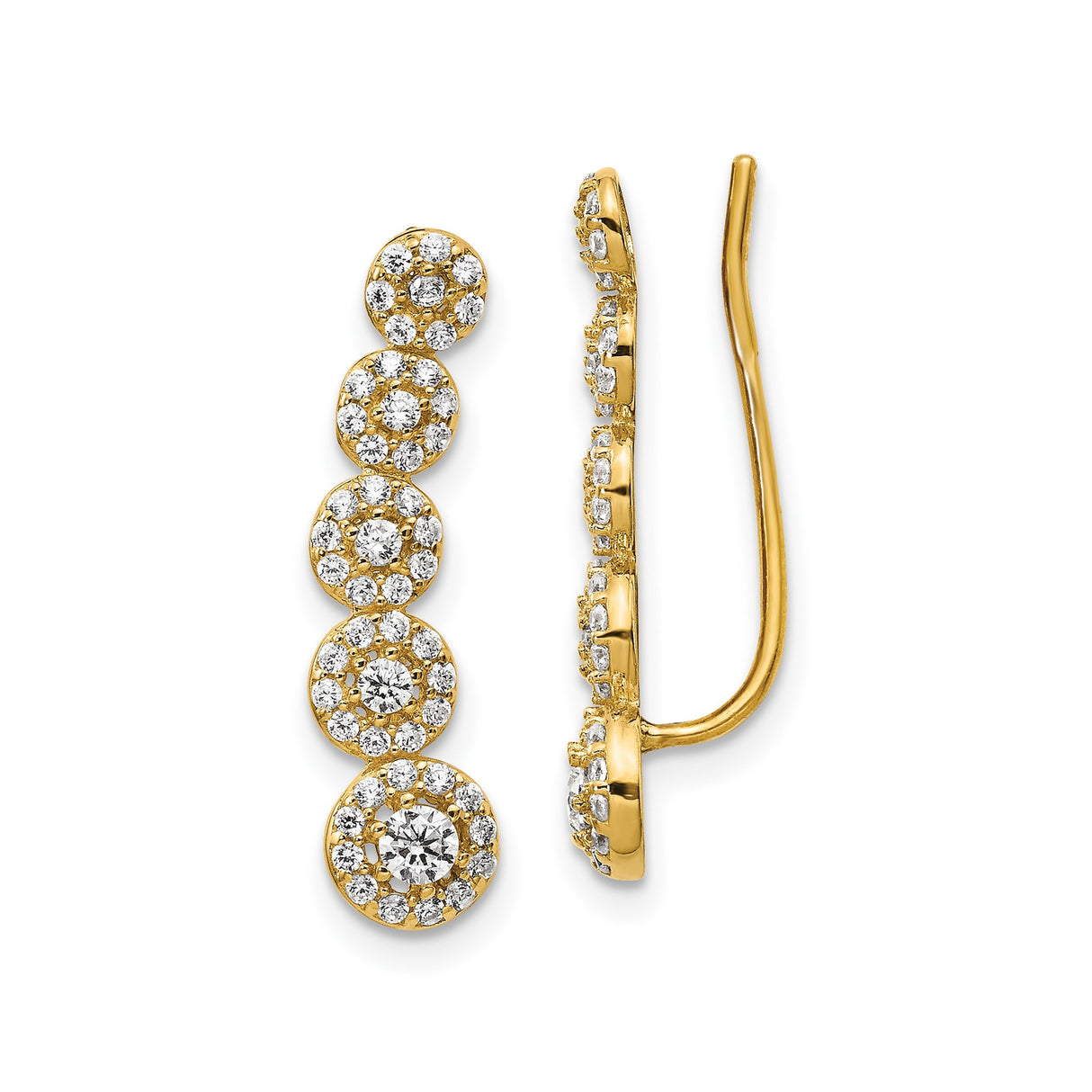 14k Yellow Gold Ear Climber Earrings with Cubic Zirconia, Floral Inspired Design for Women