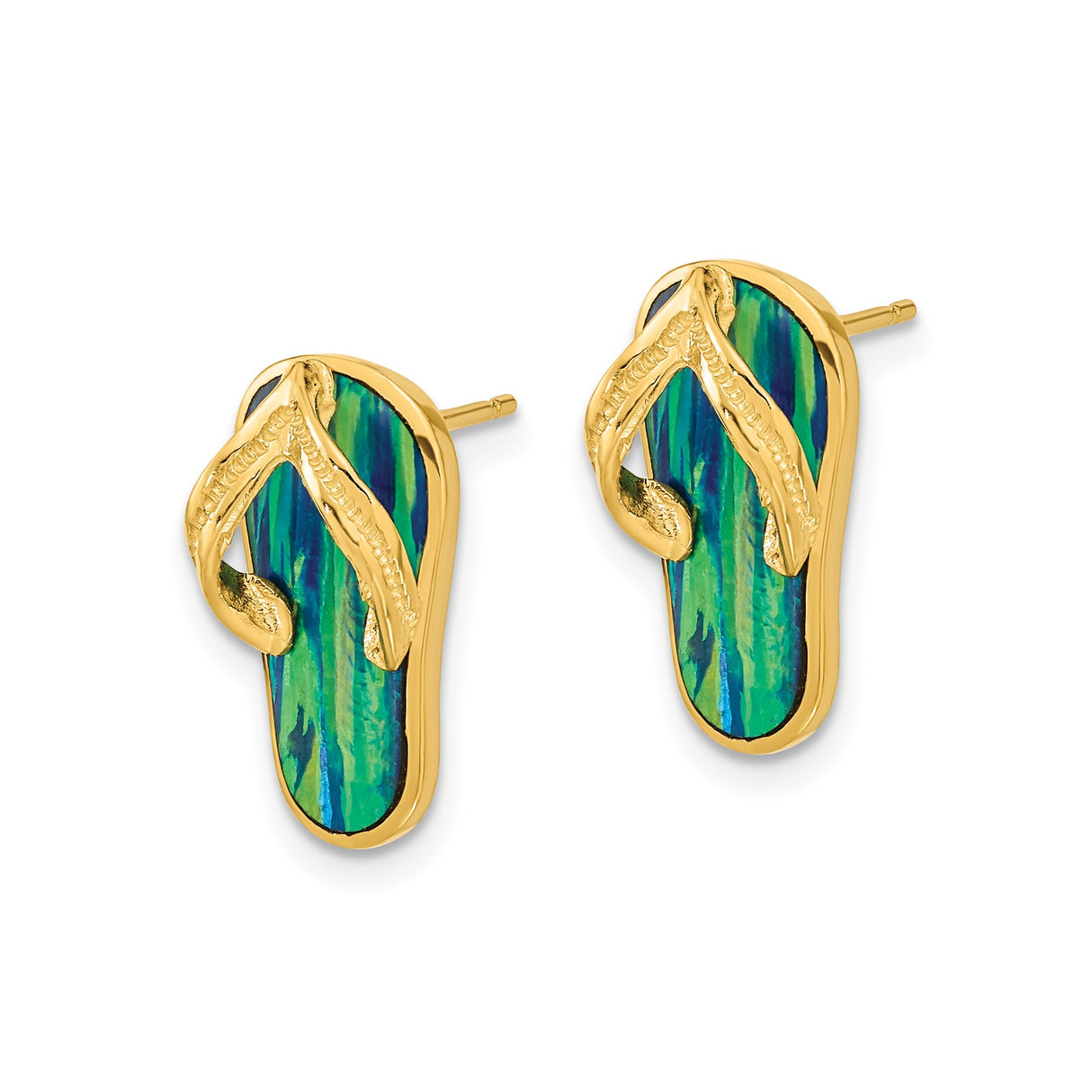14k Yellow Gold Flip-Flop Stud Earrings with Green Blue Created Opal Inlay, Beach Theme