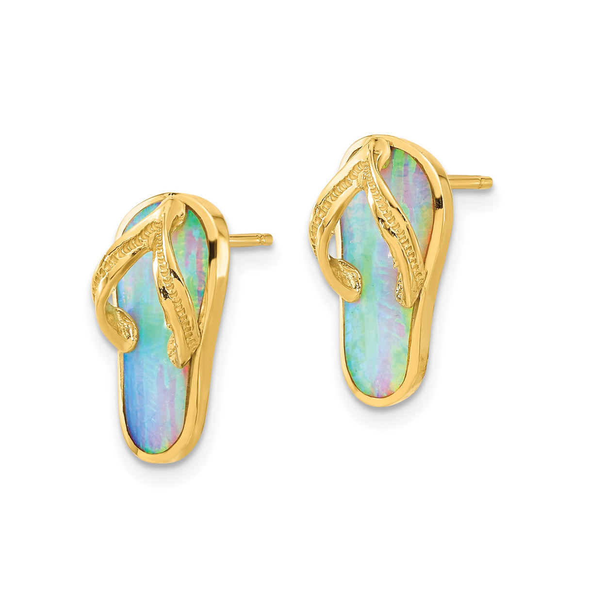 14k Yellow Gold Flip Flop Stud Earrings with Created Opal Inlay, Tropical Beach Style