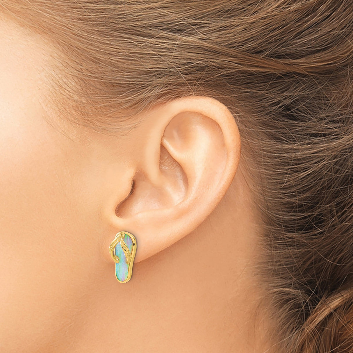 14k Yellow Gold Flip Flop Stud Earrings with Created Opal Inlay, Tropical Beach Style