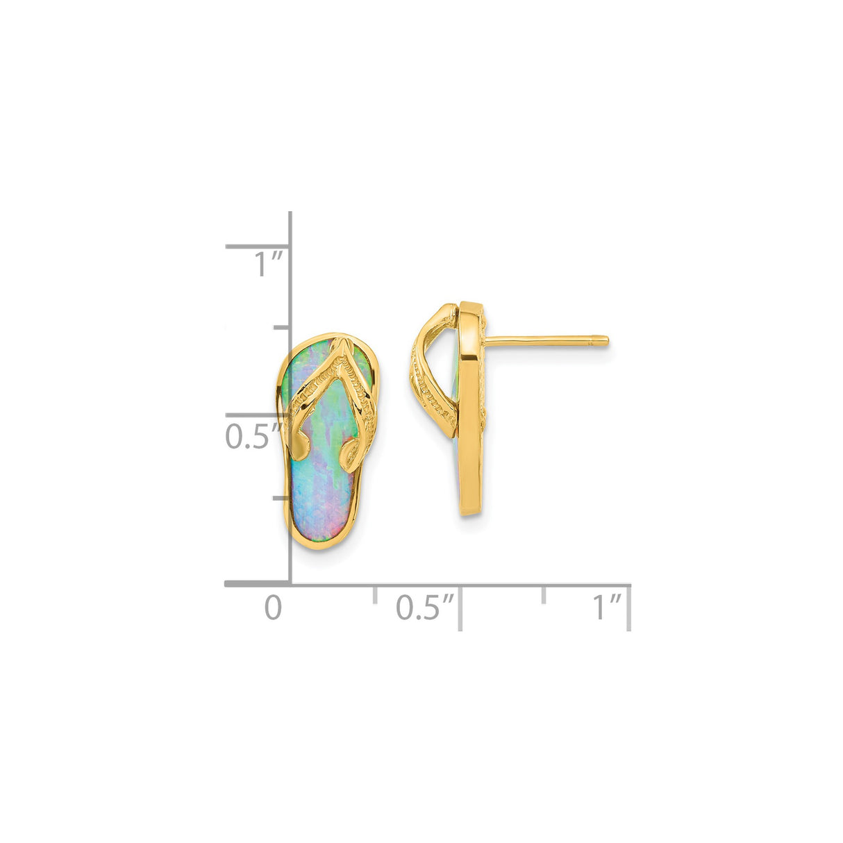 14k Yellow Gold Flip Flop Stud Earrings with Created Opal Inlay, Tropical Beach Style