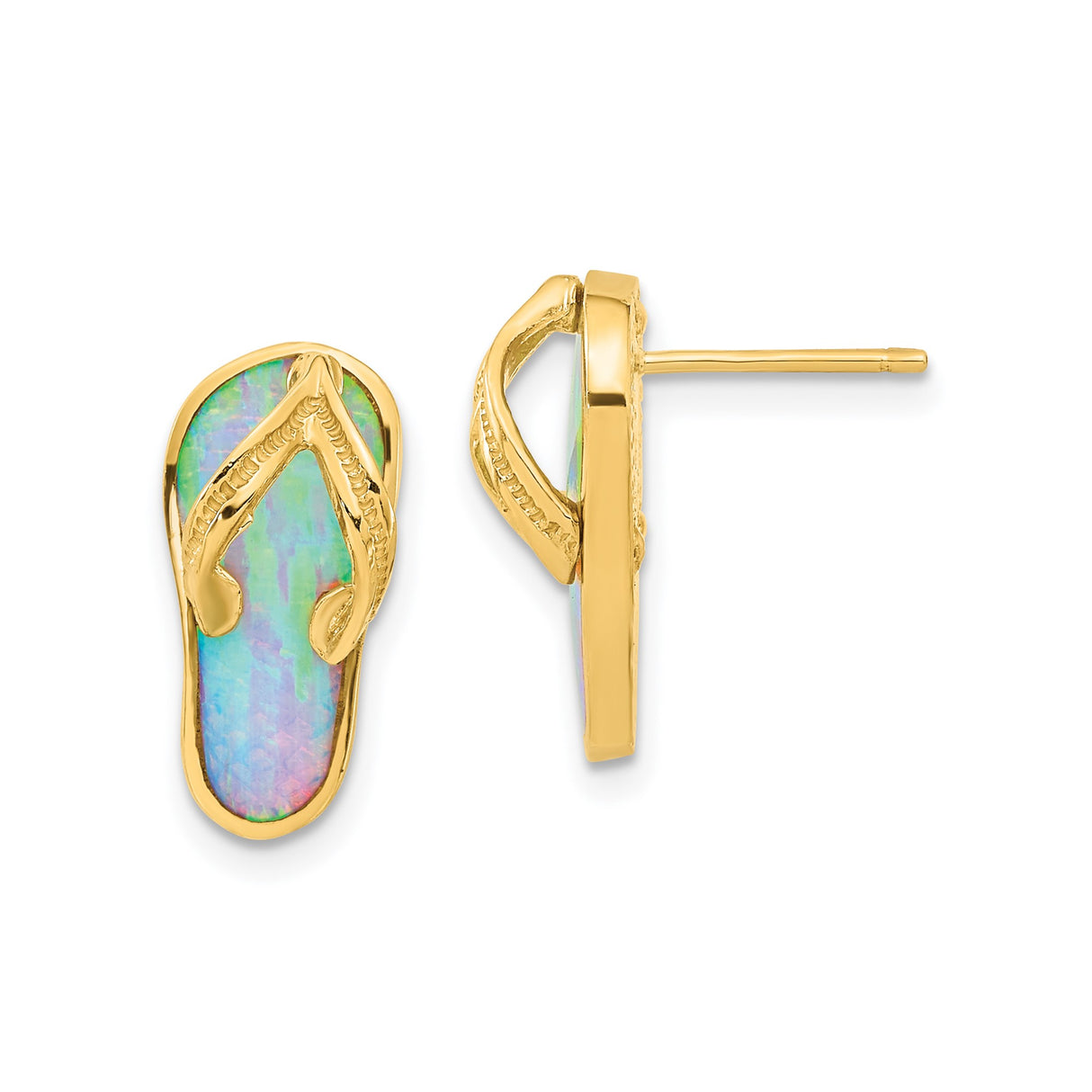 14k Yellow Gold Flip Flop Stud Earrings with Created Opal Inlay, Tropical Beach Style