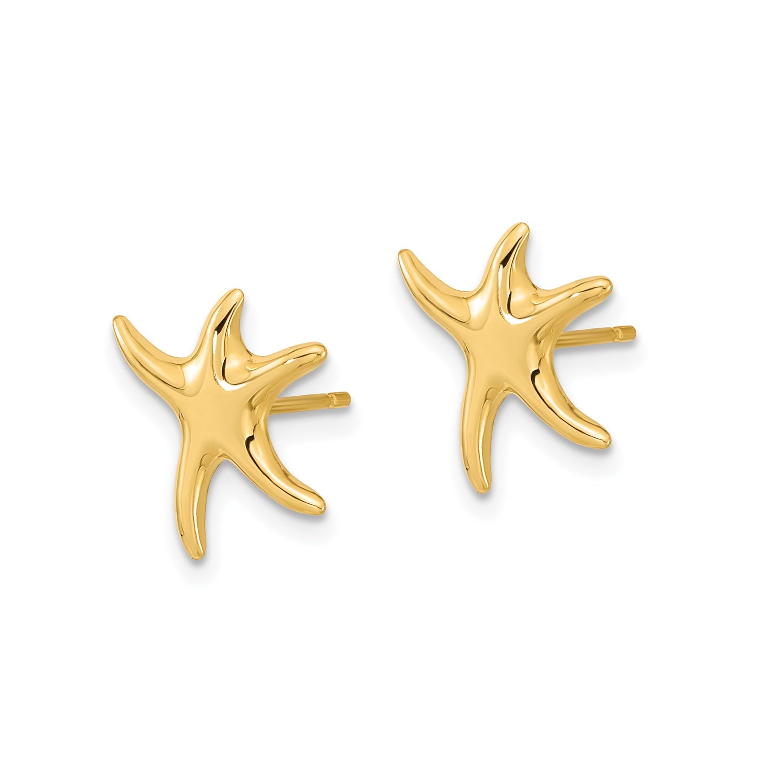 14k Yellow Gold Starfish Stud Earrings, Polished Nautical Sea Life Design for Women