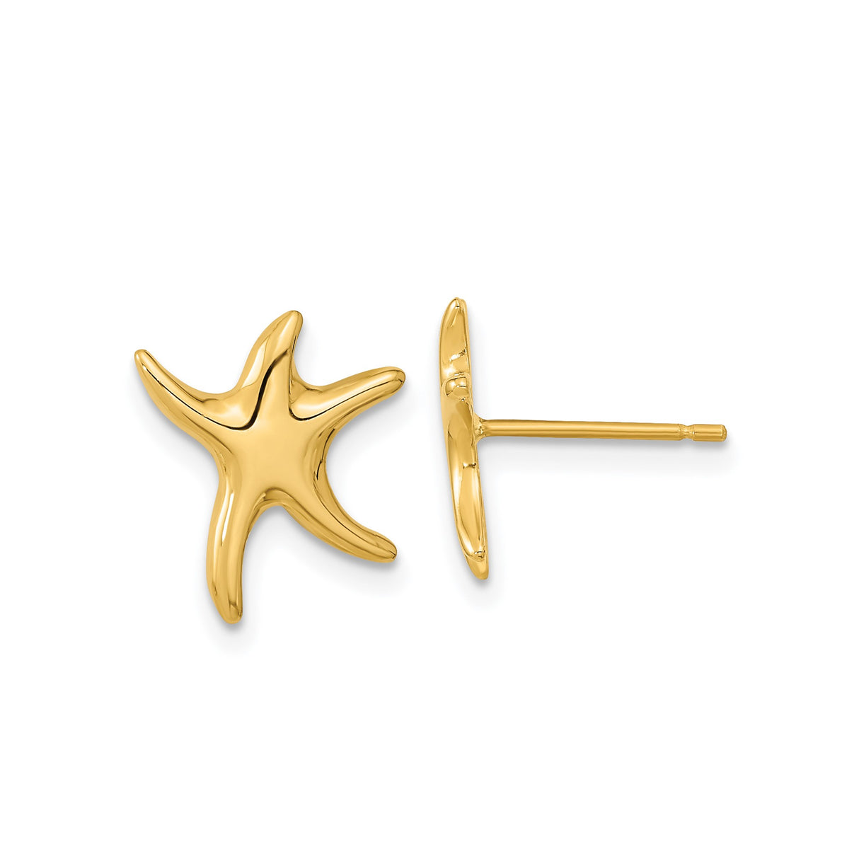 14k Yellow Gold Starfish Stud Earrings, Polished Nautical Sea Life Design for Women