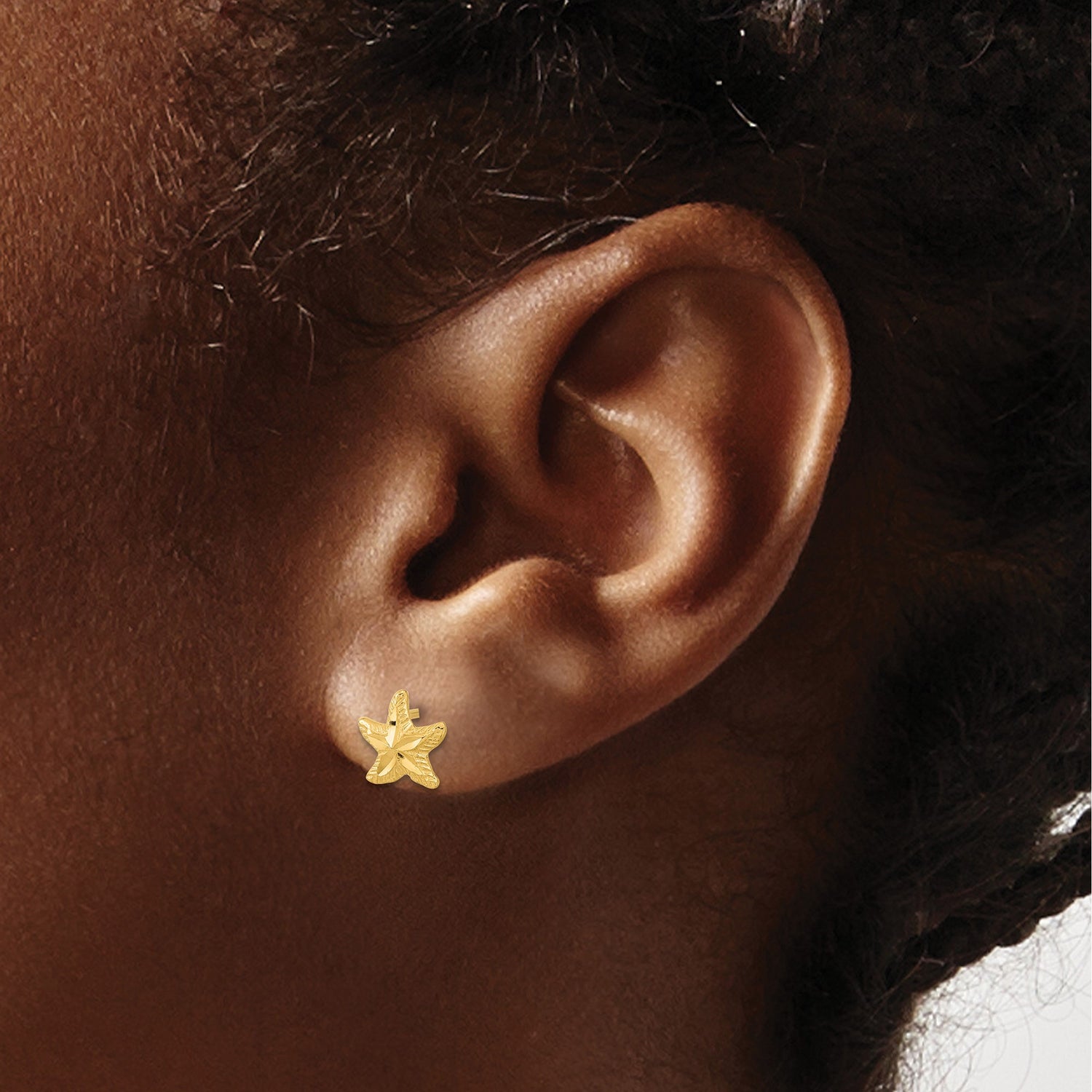 14k Yellow Gold Starfish Stud Earrings, Textured Coastal Nautical Design for Women