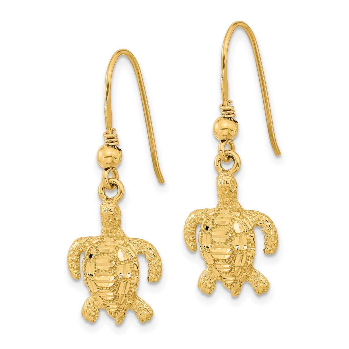 14k Yellow Gold Dangle Earrings, Textured Sea Turtle Design, Nautical Ocean Theme Jewelry