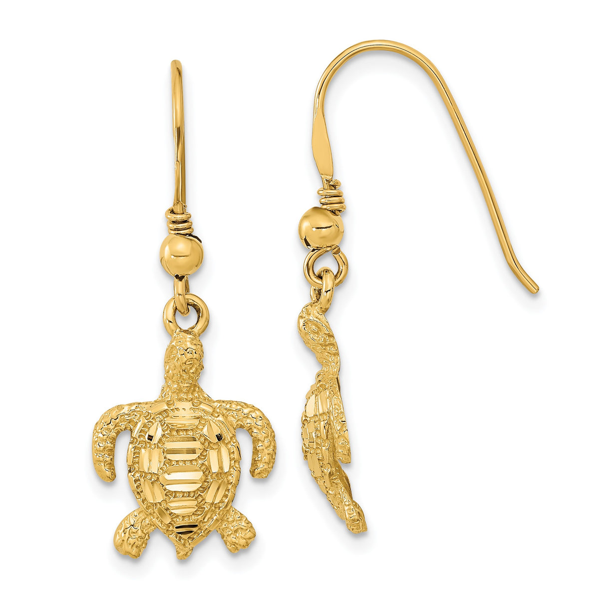14k Yellow Gold Dangle Earrings, Textured Sea Turtle Design, Nautical Ocean Theme Jewelry