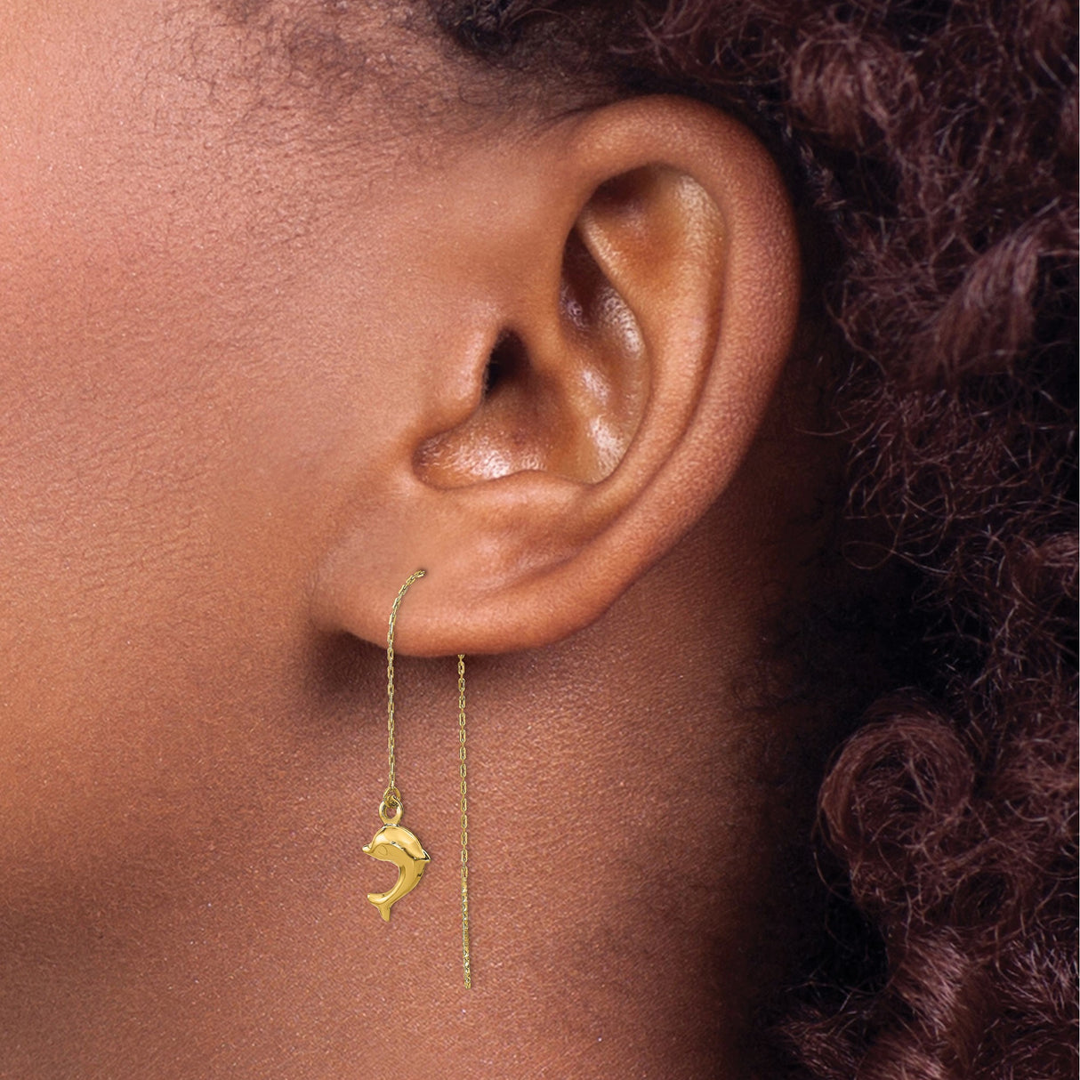 14k Yellow Gold Dolphin Threader Earrings, Lightweight Dangle Ocean-Inspired Jewelry for Women