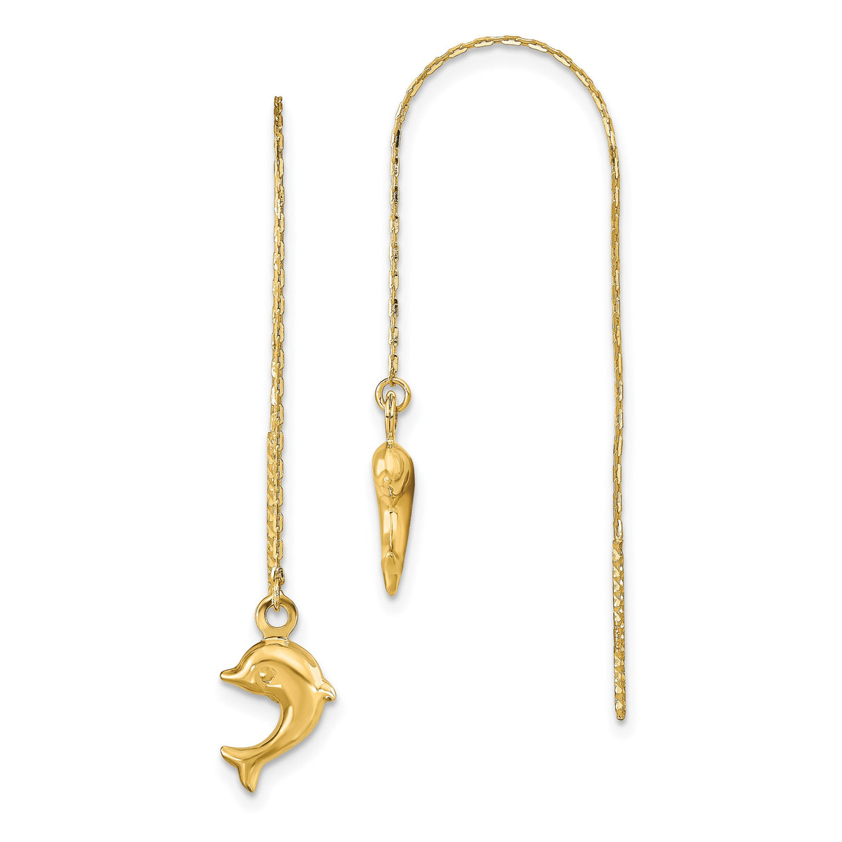 14k Yellow Gold Dolphin Threader Earrings, Lightweight Dangle Ocean-Inspired Jewelry for Women