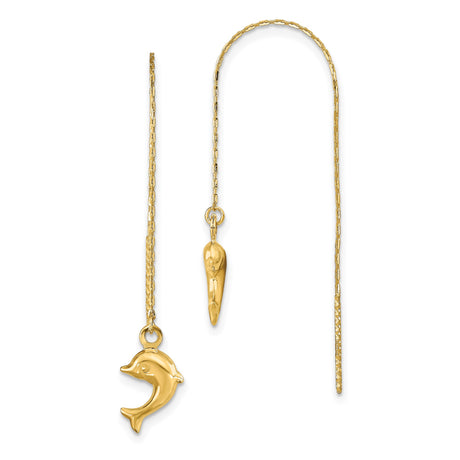 14k Yellow Gold Dolphin Threader Earrings, Lightweight Dangle Ocean-Inspired Jewelry for Women