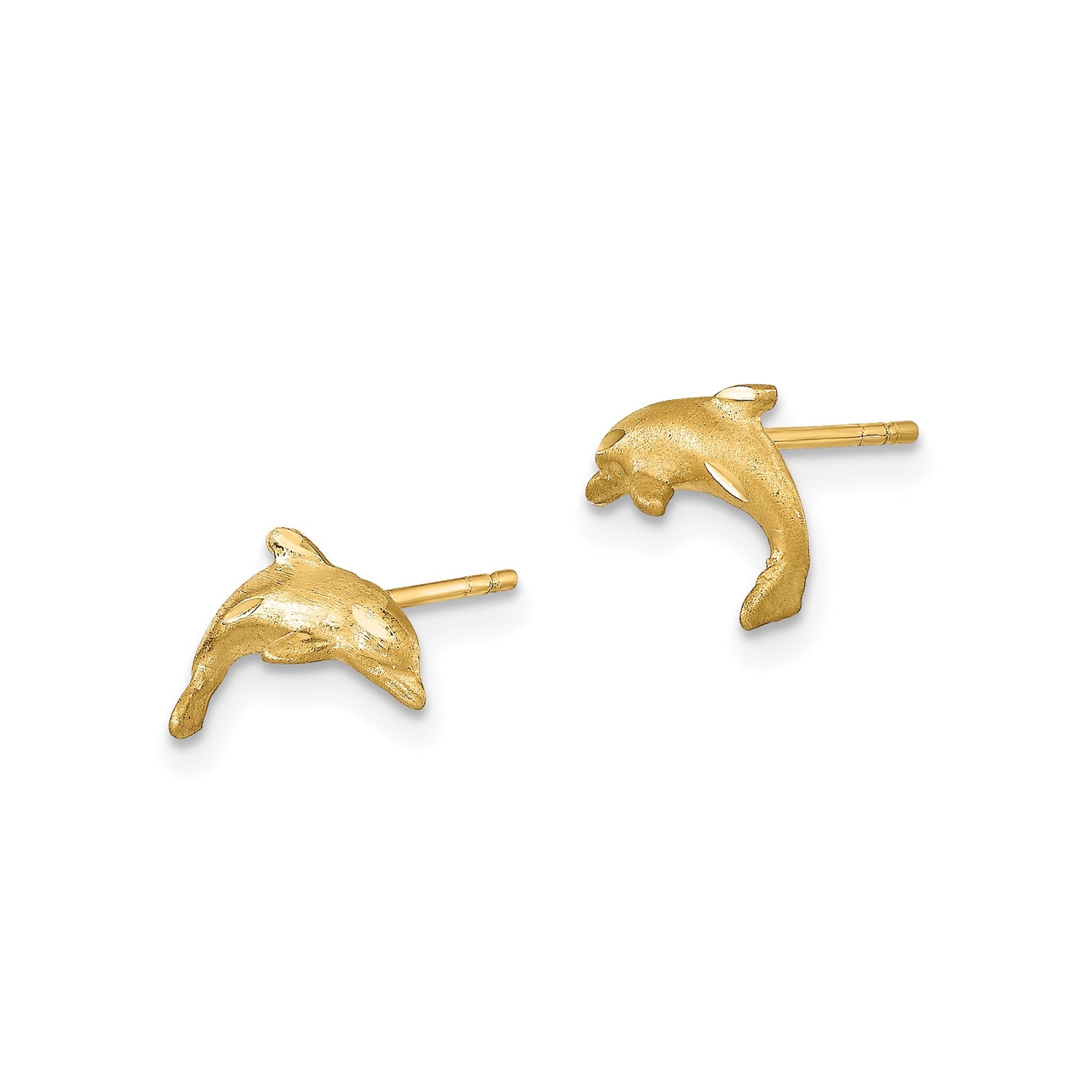 14k Yellow Gold Dolphin Stud Earrings, Satin Finish, Nautical Animal Motif for Women