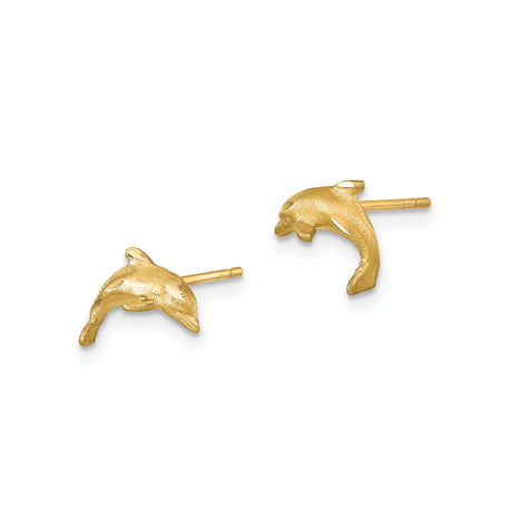 14k Yellow Gold Dolphin Stud Earrings, Satin Finish, Nautical Animal Motif for Women