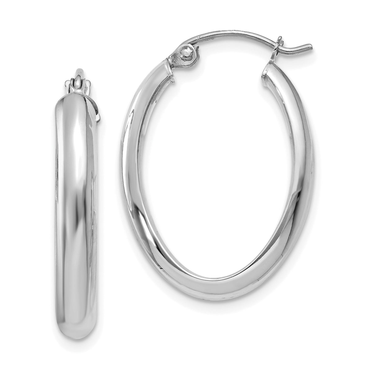14k White Gold Oval Hoop Earrings with Latch-Back Closure, Polished Lightweight Design for Women