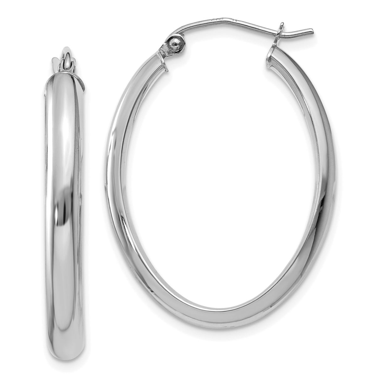 14k White Gold Oval Hoop Earrings, High Polish Finish, Lightweight Sleek Design for Women