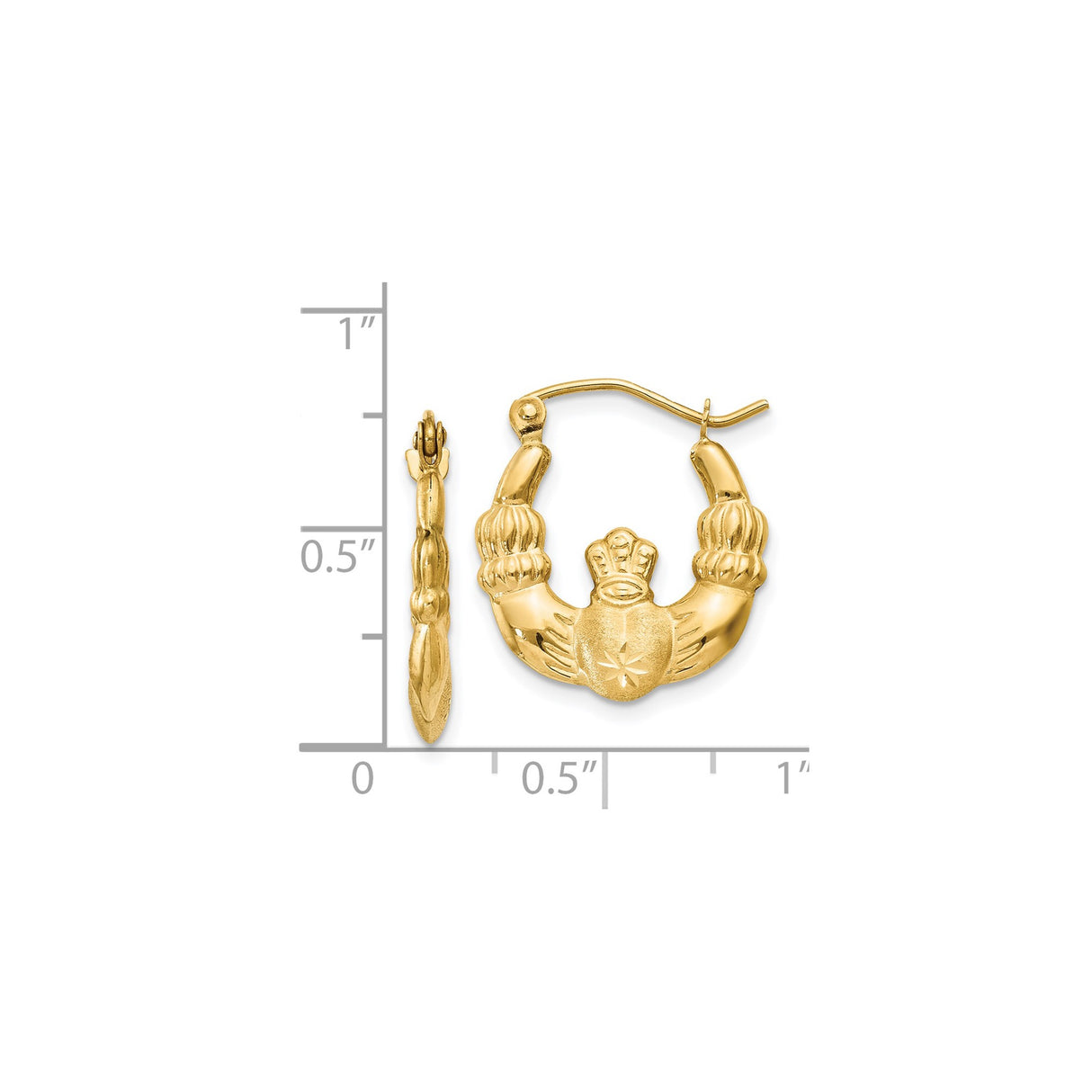 14k Yellow Gold Claddagh Hoop Earrings, Irish Heart, Crown and Hands Design for Women