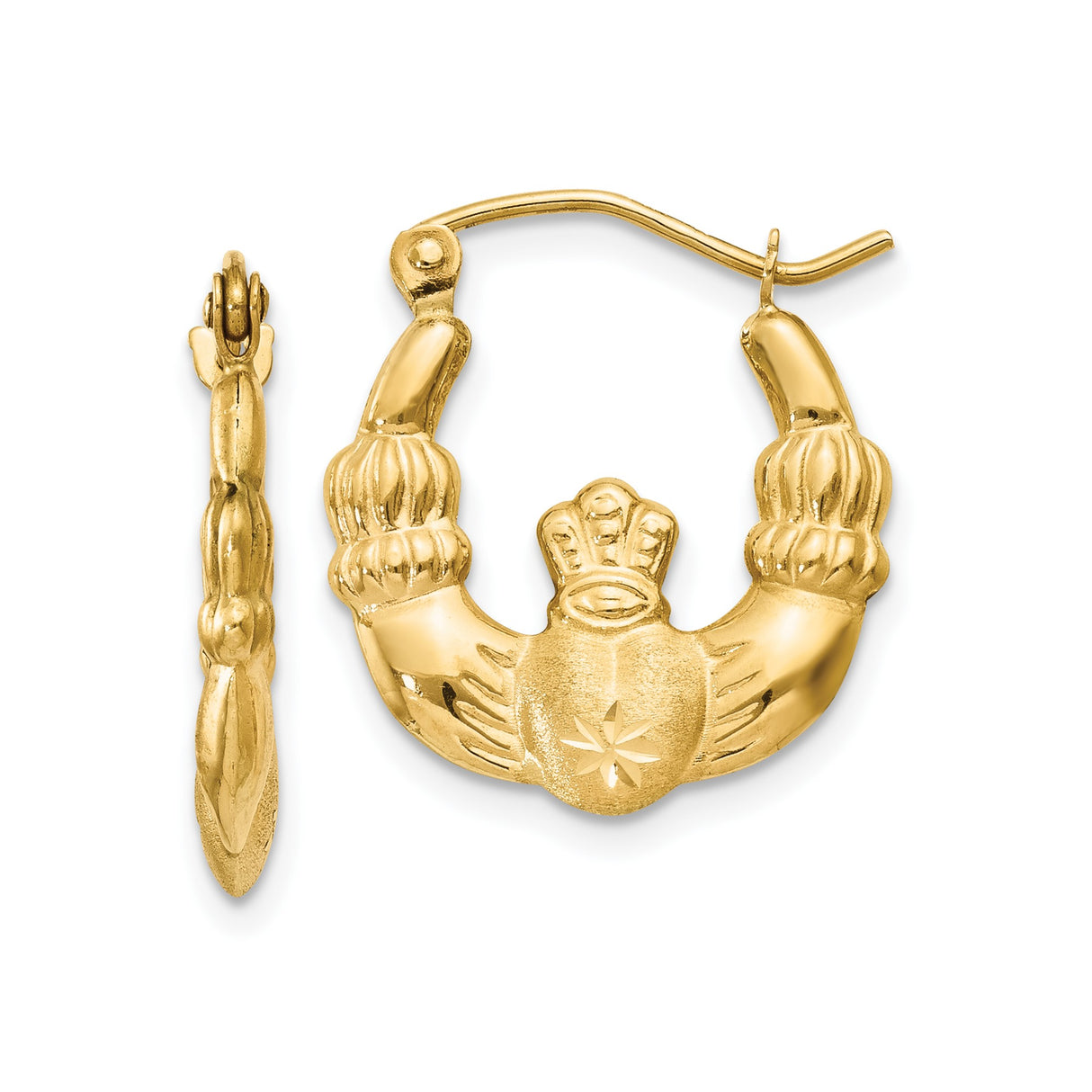 14k Yellow Gold Claddagh Hoop Earrings, Irish Heart, Crown and Hands Design for Women
